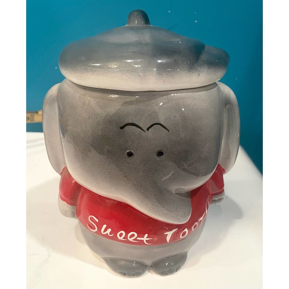 vintage elephant w/ beret sweet tooth candy cookie jar pottery ceramic canister
